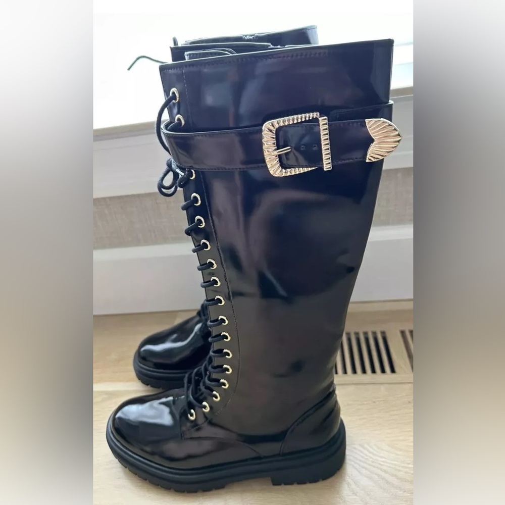 Black Lace-Up Knee-High chunky Boots faux patent leather Streetwear academia 6.5